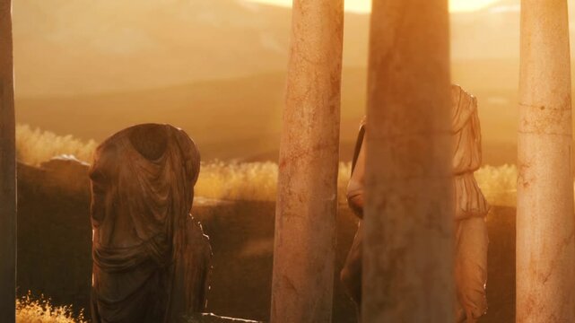 Two headless statues stand near columns during sunset. The sky glows with warm colors. A distant landscape can be seen in the background. The scene feels timeless and holds history.