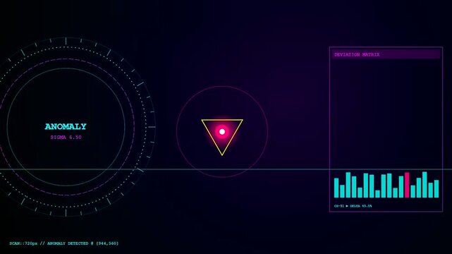 Anomaly detection interface shows digital graphics radar charts and metric data monitors inside a dark futuristic control room monitoring terminal screen
