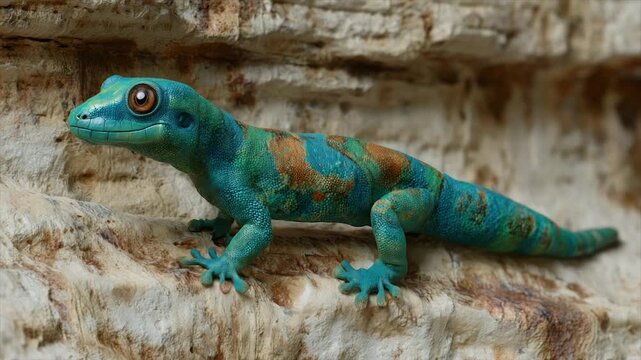 A colorful lizard perches on textured rock, with detailed skin and captivating eyes