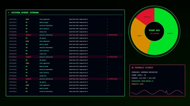 Advanced digital anomaly detection interface displaying terminal text streams and circular system metrics in bright green and red indicators on a dark display monitor