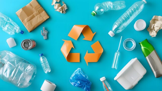 Recycling symbol surrounded by plastic waste and recyclable materials on blue background