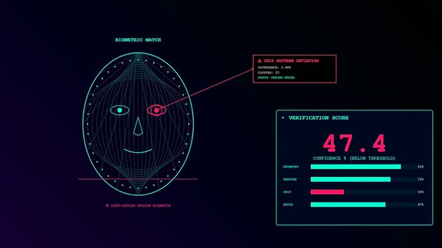 Anomaly detection interface shows digital facial recognition mapping with data metrics analytics displayed on dark screen during biometric identity security verification process