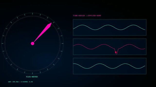 Systems analysis with anomaly detection graphs showing fluctuating data metrics and rotating indicators on a dark display monitor screen during testing