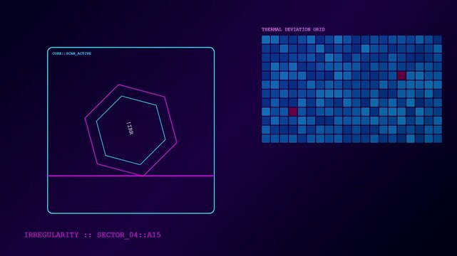 Advanced digital anomaly detection interface displaying geometric tracking grids with glowing neon pink and blue lines against a dark purple background screen animation