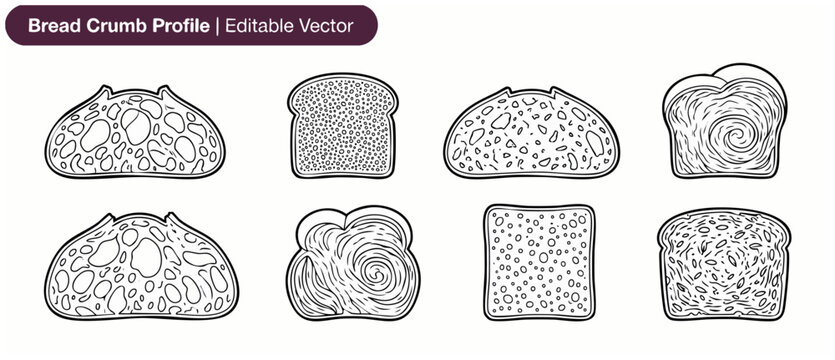 Bread slice crumb profile vector set showing artisan sourdough texture, brioche swirl, rye, sandwich bread cross section, bakery line art icon collection for graphic design isolated on white.