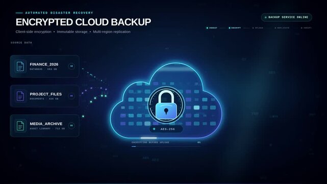 Encrypted cloud backup dashboard with padlock icon data replication and disaster recovery