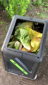 Close up of a compost bin in a garden