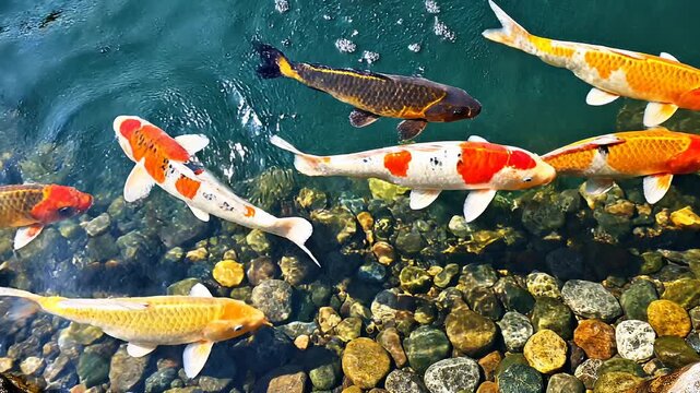 Colorful koi fish swimming in a crystal clear pond with stones beneath the water