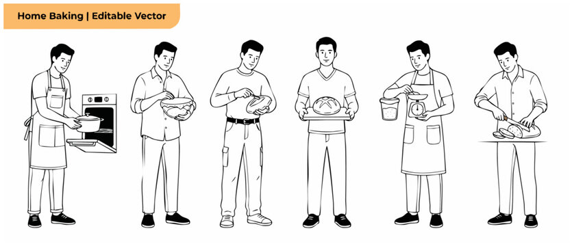 Man baking home bread vector set featuring male baker preparing sourdough loaf, measuring ingredients, kneading, scoring dough, baking in oven and slicing fresh bread in line art outline style.