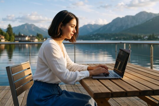Woman working remotely on a wooden deck overlooking mountains and water, embodying digital nomad life.