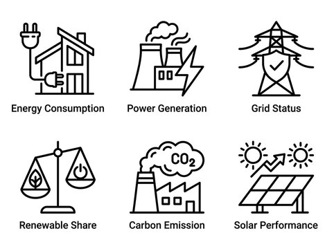Energy and ecology line icon set for power management