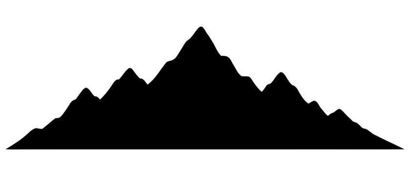 Black silhouette of a jagged mountain range with peaks and ridges, isolated on a transparent background.