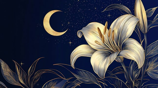 Luxury art deco gold metallic lily flower linear drawing and moon on deep blue. Wallpaper design for print, poster, cover, banner, fabric, invitation, postcard, packaging. Digital vector illustration.