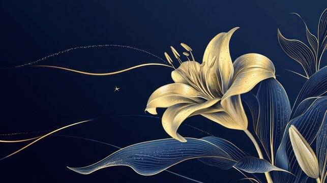 Luxury art deco gold metallic lily flower linear drawing and moon on deep blue. Wallpaper design for print, poster, cover, banner, fabric, invitation, postcard, packaging. Digital vector illustration.