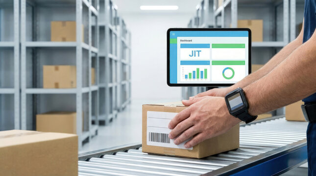 Employee monitoring jit inventory management on tablet, optimizing supply chain efficiency with digital dashboard