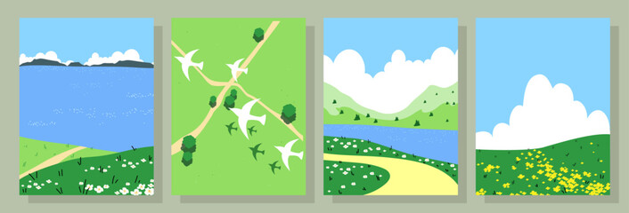 Obraz premium Set of four minimal summer landscapes with green hills, blue lake, winding paths, flowers, birds and large white clouds. Vector illustration