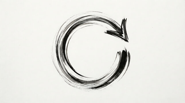 Circular arrow icon drawn with a thick black brush stroke signifies repetition and renewal processes.