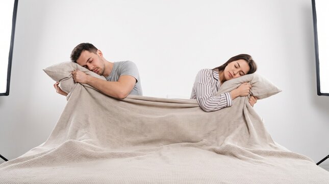 Couple sleeping separately on bed with blanket dividing them
