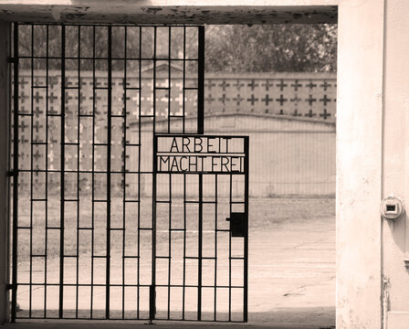 SACHSENHAUSEN ORANIENBURG, GERMANY: Inscription ARBEIT MACHT FREI on the gates to the former Nazi concentration camp, now the Sachsenhausen National Memorial,