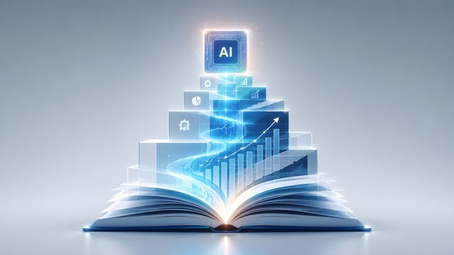 Futuristic concept of AI processing data from an open book, symbolizing technological advancement, machine learning, and strategic business growth through insightful analytics.