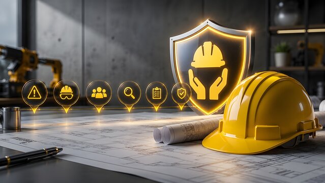 Yellow hard hat and glowing safety icons on architectural blueprints, symbolizing robust workplace protection, construction site safety regulations, and diligent project planning compliance.