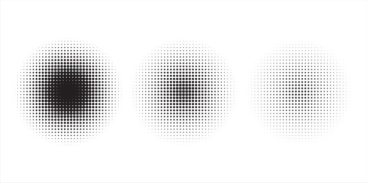 Halftone gradient circles collection. Dots textured round patterns. Cartoon comic radial faded background set. Abstract pixelated elements for frame, poster, collage, banner, flyer. Vector bundle