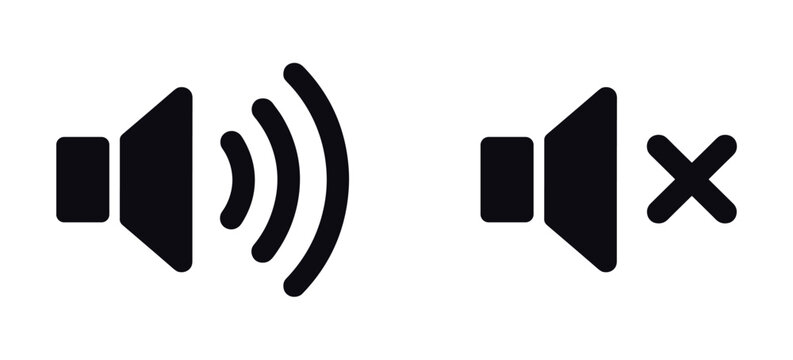 Volume Control Icons: Two minimalist black icons depicting sound waves for volume up and a cross for mute, representing audio control and settings.