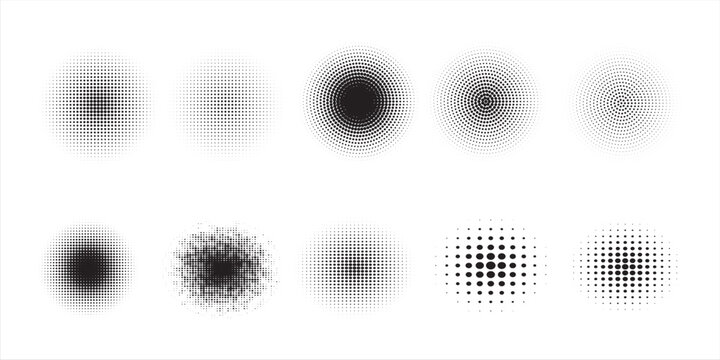 Halftone gradient circles collection. Dots textured round patterns. Cartoon comic radial faded background set. Abstract pixelated elements for frame, poster, collage, banner, flyer. Vector bundle