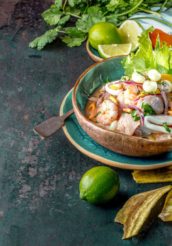 PERUVIAN CEVICHE SEBICHE. Peruvian seafood and fish sebiche with maize