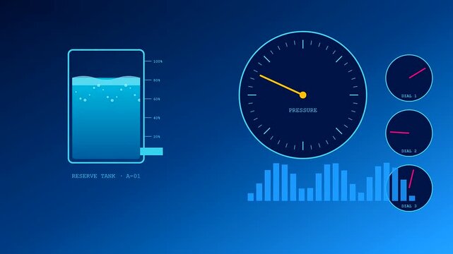 Digital displays showing asset liquidity metrics with fluctuating water levels inside containers and rotating dials along with bar charts on a glowing blue electronic user interface