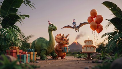 Obraz premium Dinosaurs celebrate a festive jungle birthday with a tiered cake, colorful gift boxes, and bright orange balloons.