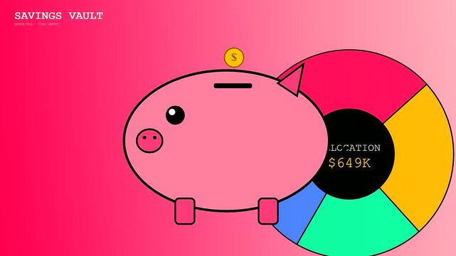 Asset liquidity is illustrated through shifting piggy bank infographics that change color sectors as monetary amounts fluctuate across this vibrant pink graphical motion screen sequence