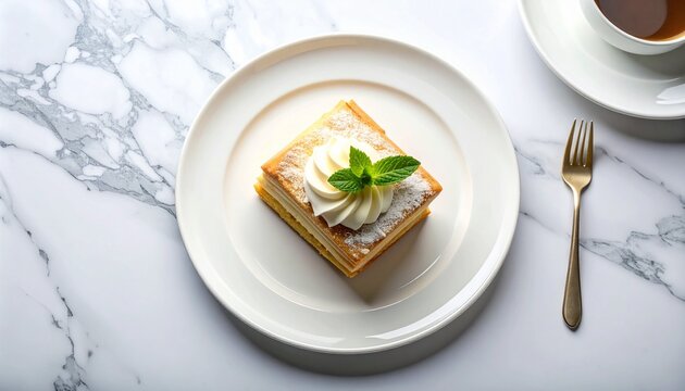 classic french mille-feuille pastry with whipped cream and mint on a white plate over marble background