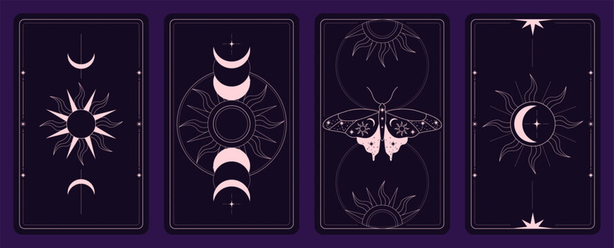 Set of four mystical tarot card backs with sun, moon phases, moth, stars and celestial line ornaments in dark purple and pink. Vector illustration