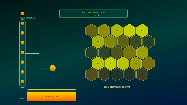 A digital asset liquidity interface displays shifting numerical honeycomb patterns across three screen views showing flowing data stream progress and active system state updates for users