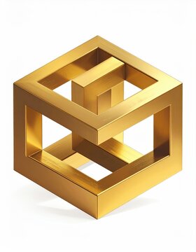 Glistening gold impossible cube on a stark white background