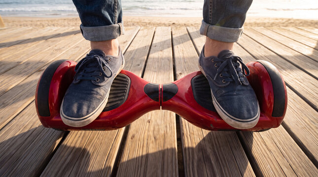 Person riding a red hoverboard on a wooden boardwalk. Self-balancing scooter for urban travel.