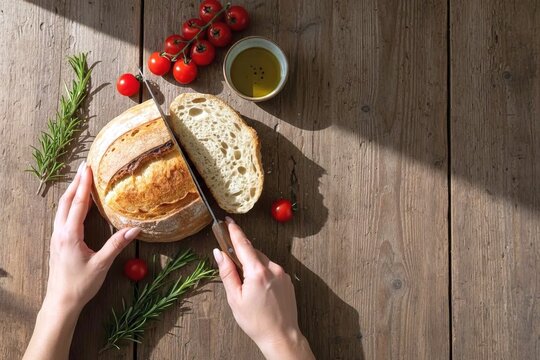 Hands Slicing Fresh Artisanal Sourdough Bread Flat Lay Top View Representing Healthy Baking Mediterranean Diet and Rustic Living