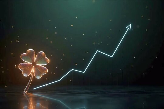 Glowing Four Leaf Clover with Upward Trend Line Chart Conceptual Flat Surface View Representing Financial Luck and Business Growth