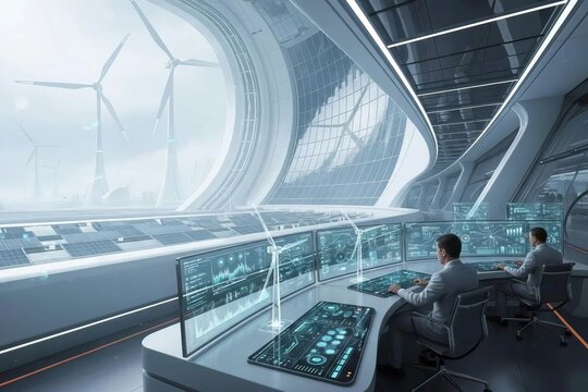 Futuristic Renewable Energy Control Center Wide View Illustrating Smart Grid Monitoring Clean Power and Sustainable Technology