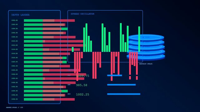 Real time asset liquidity monitor displaying fluctuating financial market data patterns within a dark digital interface showing complex computational graphs and shifting vertical bar charts