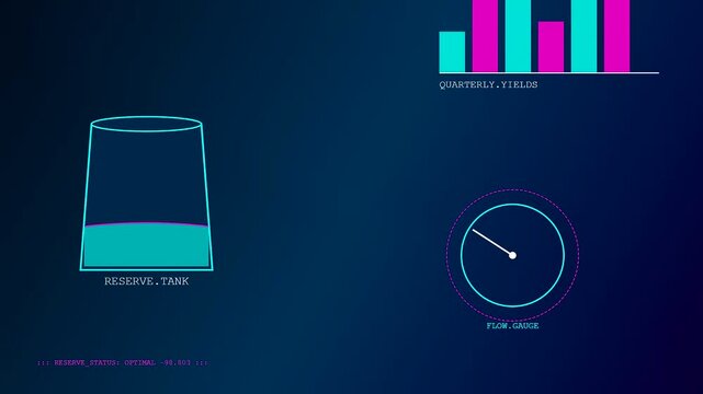 Digital displays showing asset liquidity metrics with changing levels in tanks and circular gauge indicators pulsing in dark blue environment during a simulated financial market update