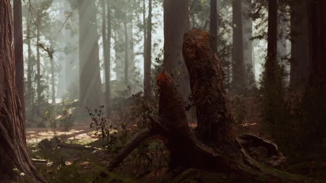Sunlight filters through tall trees in a forest. The ground is covered with leaves and moss. A series of tree trunks create a natural setting. Mist hangs in the air, adding depth to the scene.