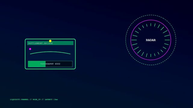 Tracking asset liquidity through a dynamic digital dashboard with circular radar interfaces and fluctuating bar graphs displayed against a dark minimalist environment for financial data monitoring
