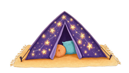 Isolated charming purple teepee tent for kids adorned with glowing stars and soft pillows © Diego
