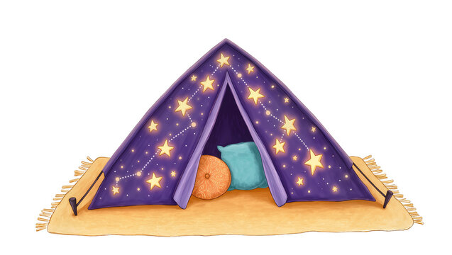 Isolated charming purple teepee tent for kids adorned with glowing stars and soft pillows