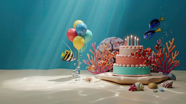 Cake sits on a sandy underwater surface surrounded by coral reefs and colorful balloons drifting beneath the ocean surface.