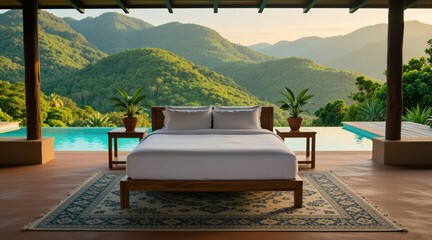 Obraz premium Luxury bed on open terrace overlooks lush green mountains and blue infinity pool. Tropical jungle paradise resort offers serene mountain view vacation.