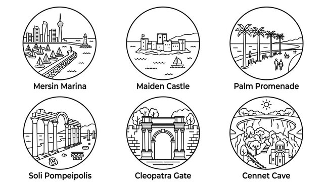 Mersin Landmarks Line Icon Set &ndash; Circular Outline Icons of Mersin Marina, Maiden Castle, Palm Promenade, Soli Pompeipolis, Cleopatra Gate and Cennet Cave