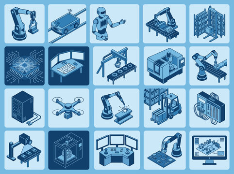 Isometric smart factory automation icon set with industrial robotics, AI manufacturing and Industry 4.0 technology vector illustration